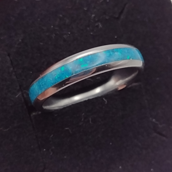 NIB Artisan Made Blue Opal and Tungsten Stackable Ring Wedding Engagement Band - Picture 4 of 8